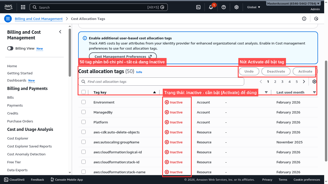 Cost Allocation Tags - danh sách tag cần kích hoạt