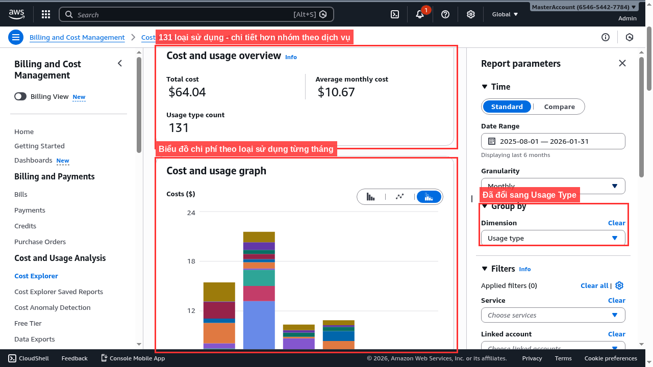 Cost Explorer nhóm theo Usage Type