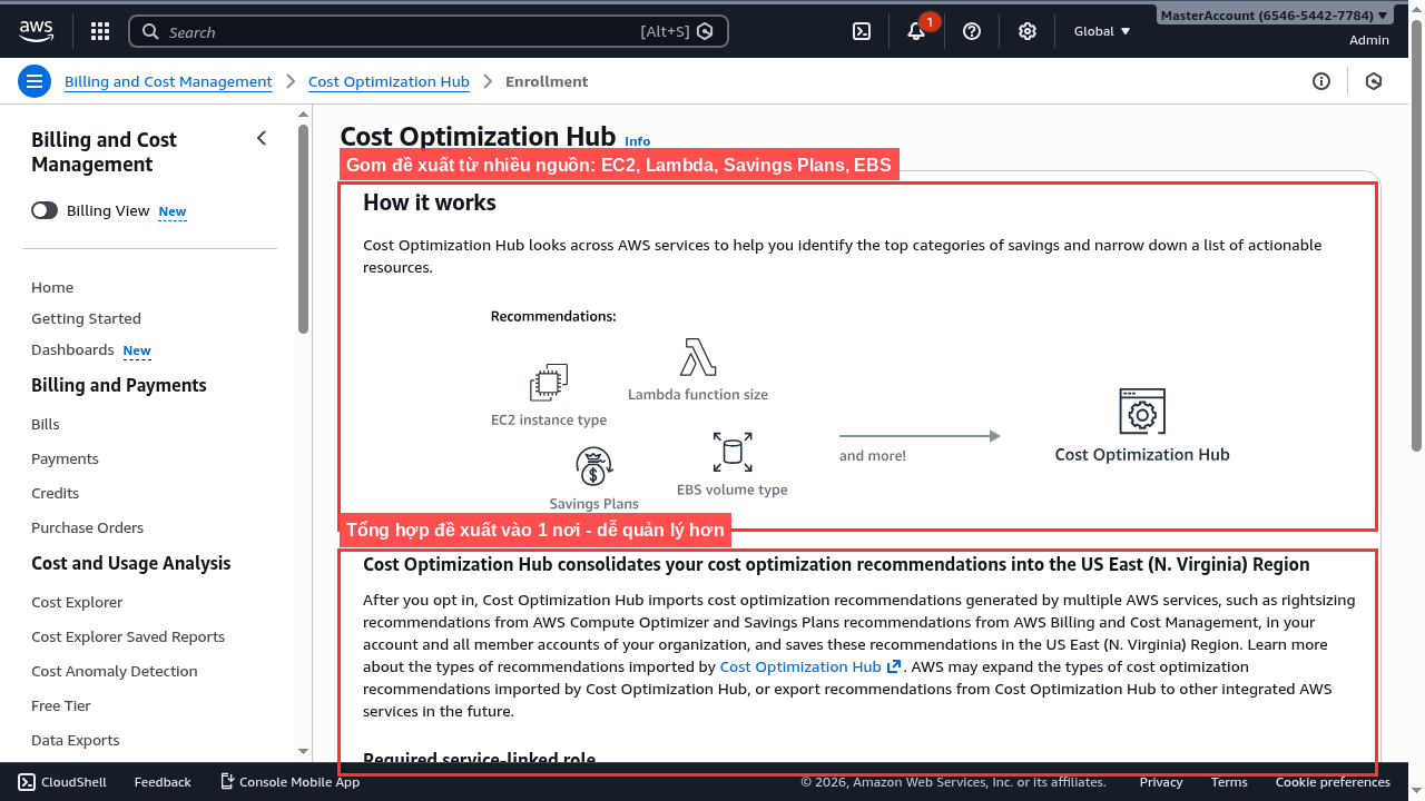 Cost Optimization Hub bảng đề xuất tiết kiệm